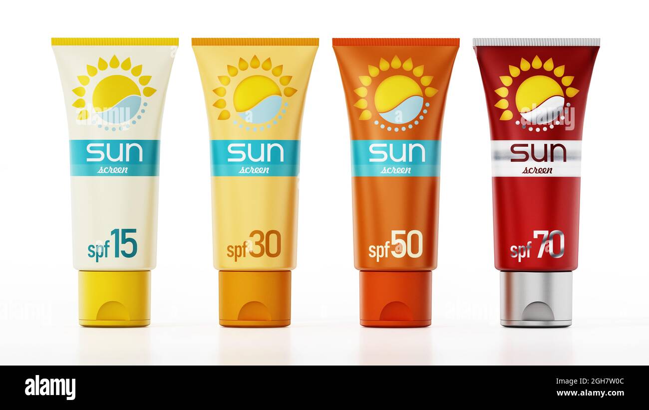 Collection of sun screen tubes with various protection levels. 3D