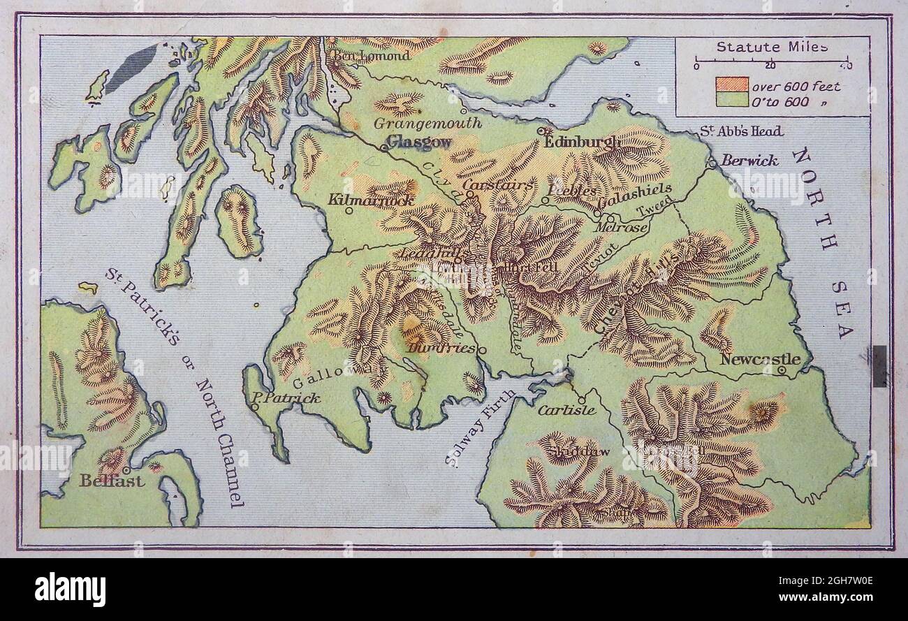 A 1914 map (WWI) of the border regions between Scotland and England  including part of Northern Ireland (physical) showing main town & rivers, hills, mountains and distances in statute miles. Stock Photo