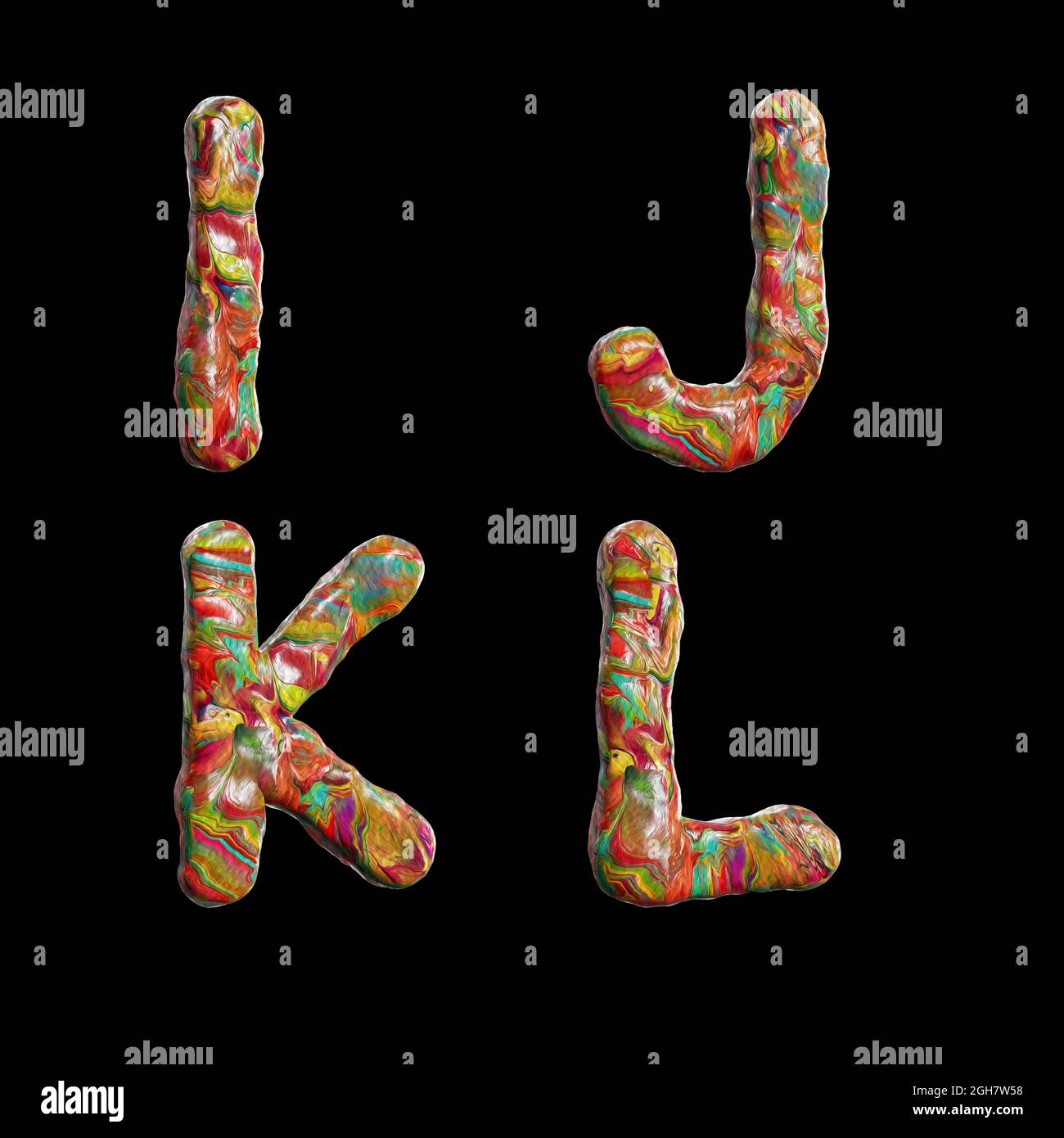 3D rendering of oil paint multicolor splotchy alphabet - letters I-L Stock Photo