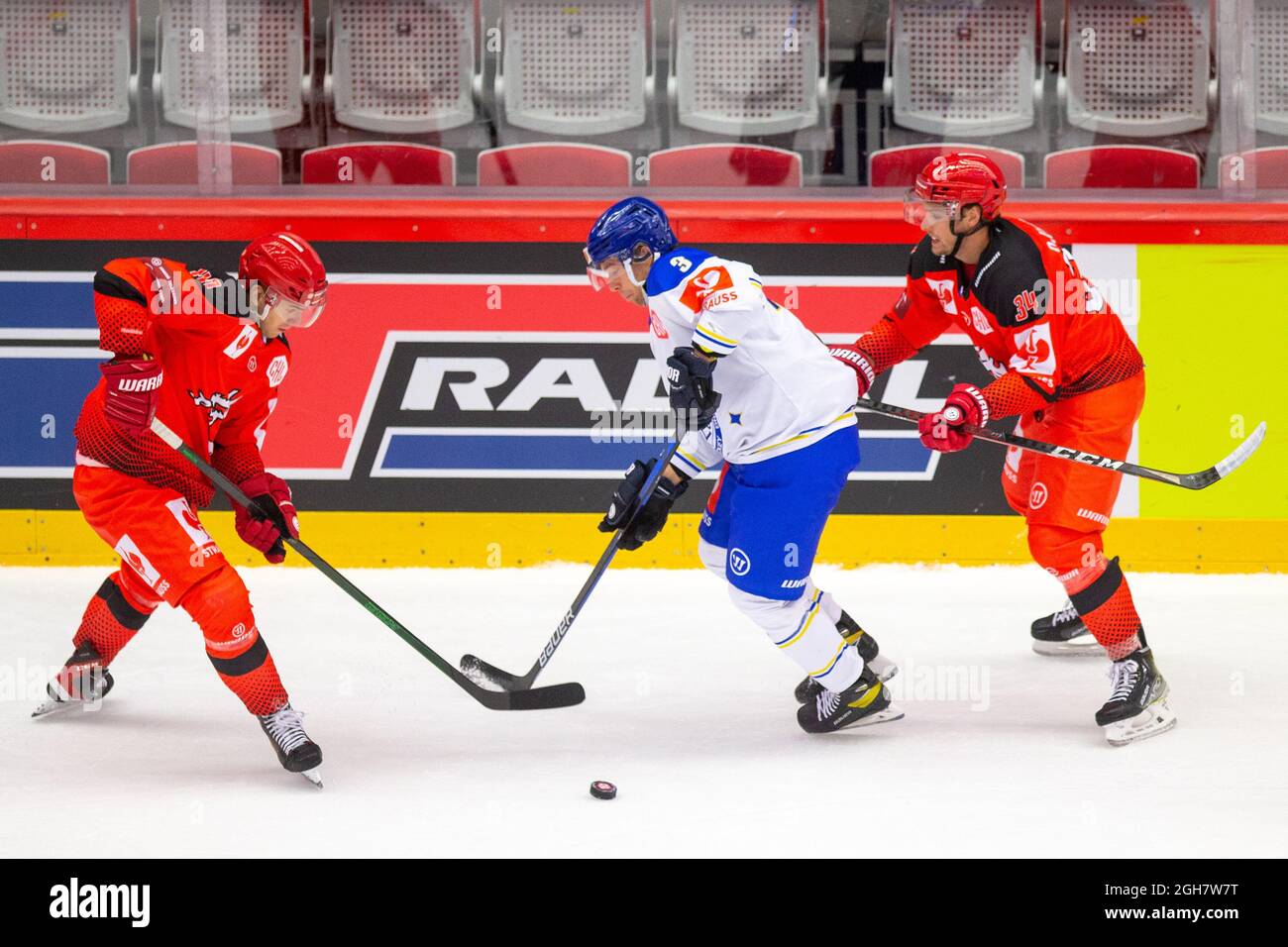 Trinec, Czech Republic. 04th Sep, 2021. L-R Michal Kovarcik (Trinec) and  Patrik Noren (Leksands) in action during the Champions Hockey League (CHL),  an European ice hockey tournament, match HC Ocelari Trinec (Czech)