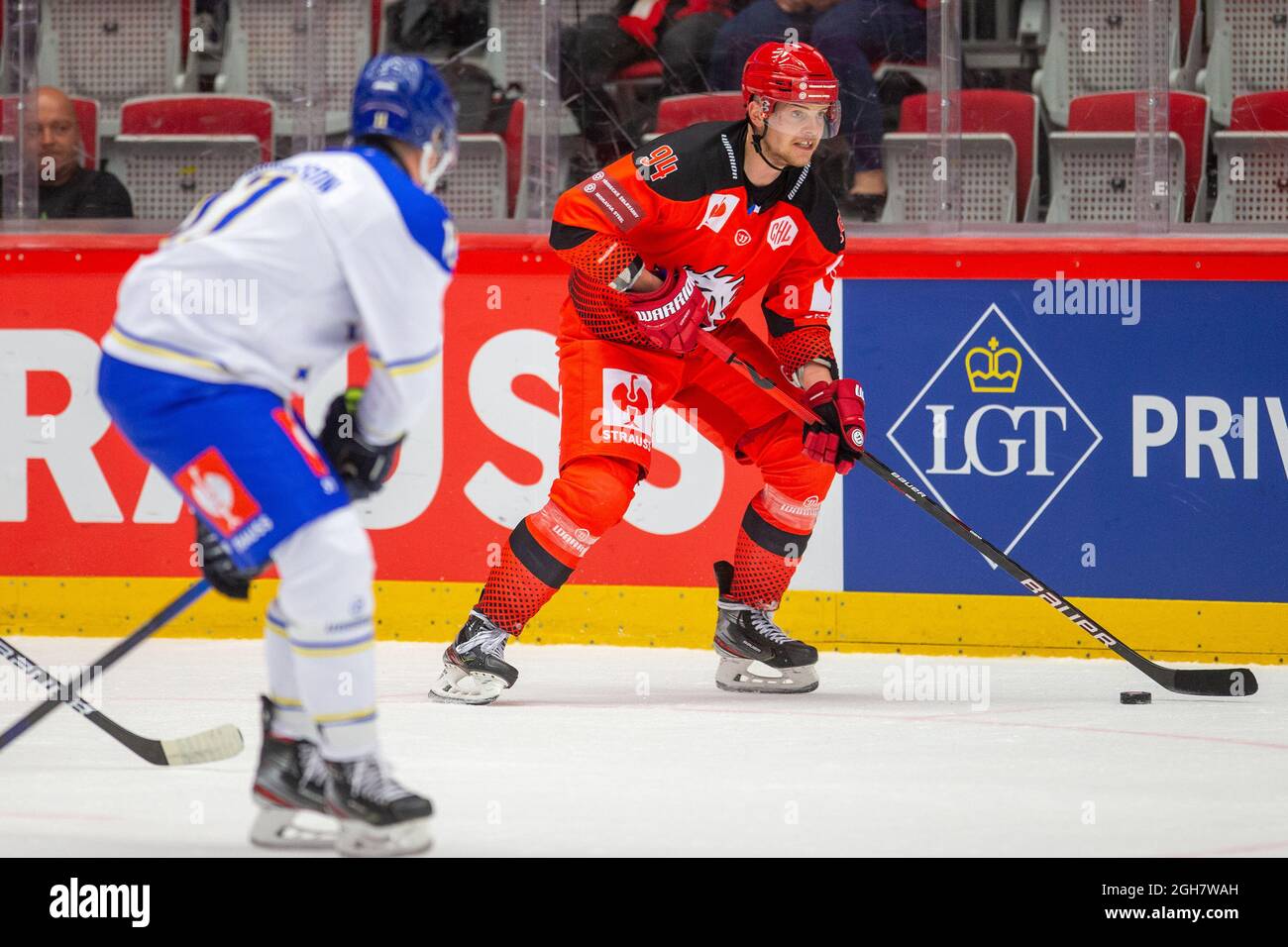 Trinec, Czech Republic. 04th Sep, 2021. Andrej Nestrasil (Trinec; right) in  action during the Champions Hockey League (CHL), an European ice hockey  tournament, match HC Ocelari Trinec (Czech) vs Leksands IF (Sweden),