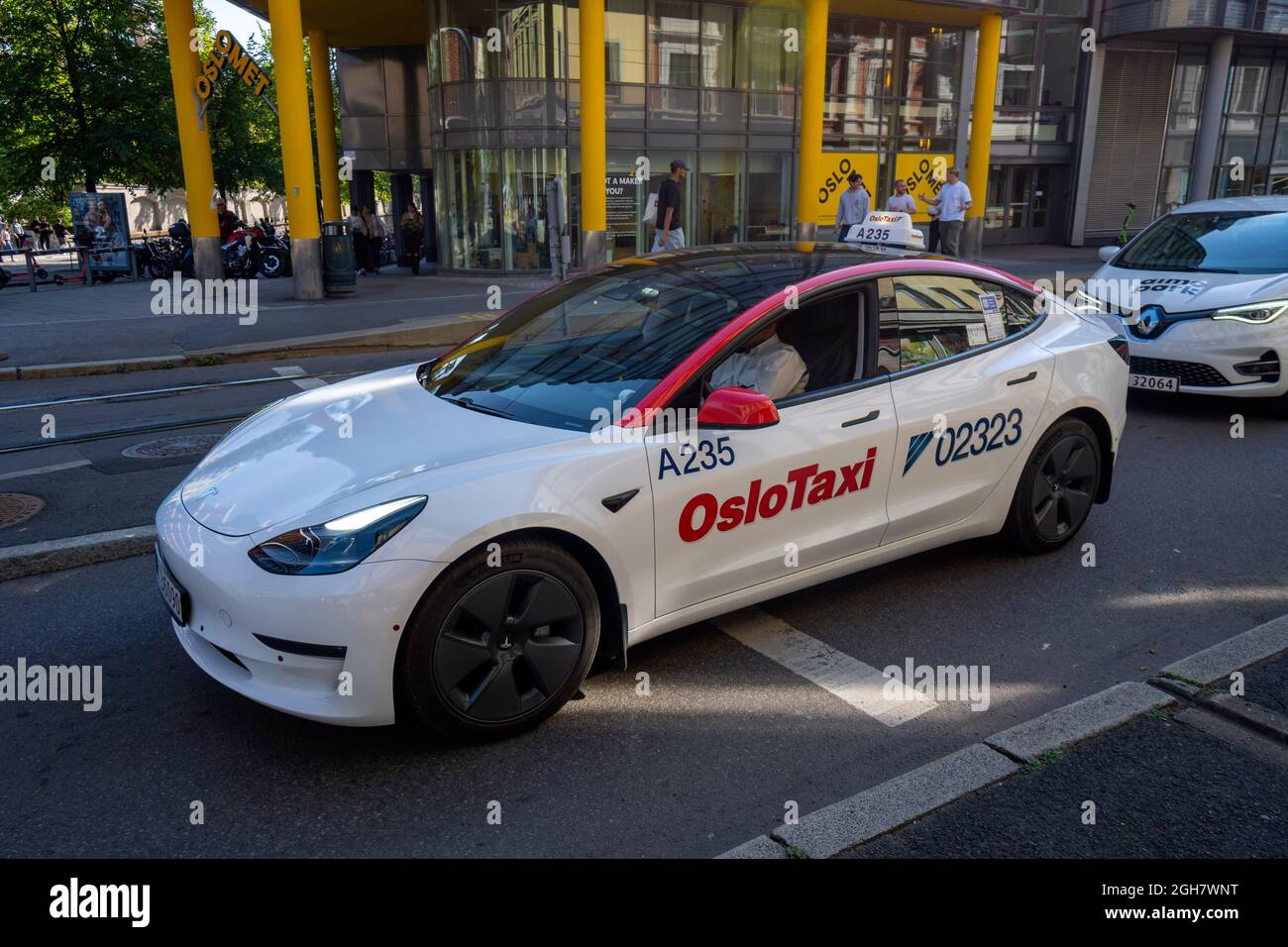 Tesla model 3 electric car taxi in Oslo, Norway, Europe Stock Photo