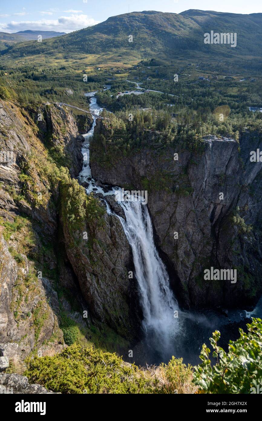 The Vøringsfossen Waterfall has a free fall of 145 metres and a total fall of 182 metres Stock Photo