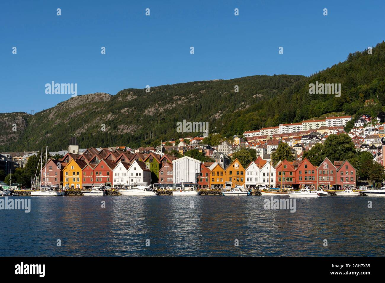 Bryggen, also known as Tyskebryggen, is a series of Hanseatic heritage commercial buildings lining up the eastern side of the Vågen harbour in the cit Stock Photo