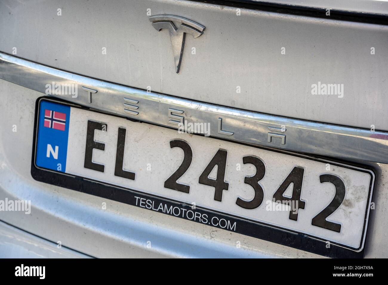 Tesla electric car with Norwegian license plate Stock Photo