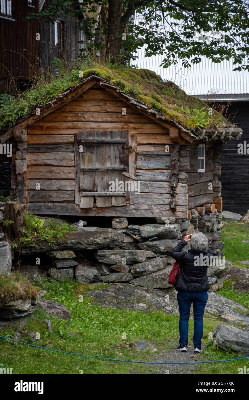 Tourist photographing a small traditional wooden house with grass roof in the Geiranger fjord region, Norway, Europe Stock Photo