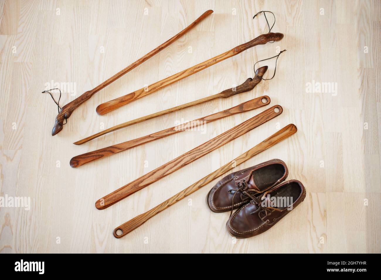 Hand carved oak wooden shoe horn. Shoes accessories. Home styling spoon