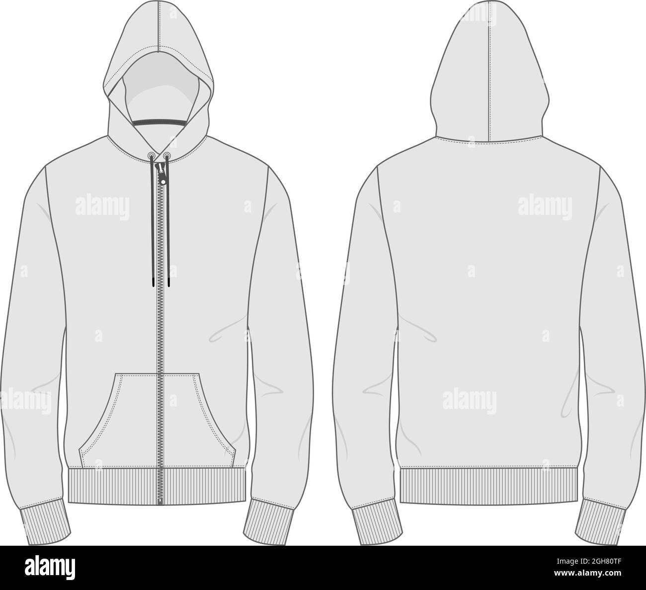 Hoodie Technical fashion flat sketch Vector template. Cotton fleece fabric Apparel hooded with zipper sweatshirt illustration black color mock up. Stock Vector