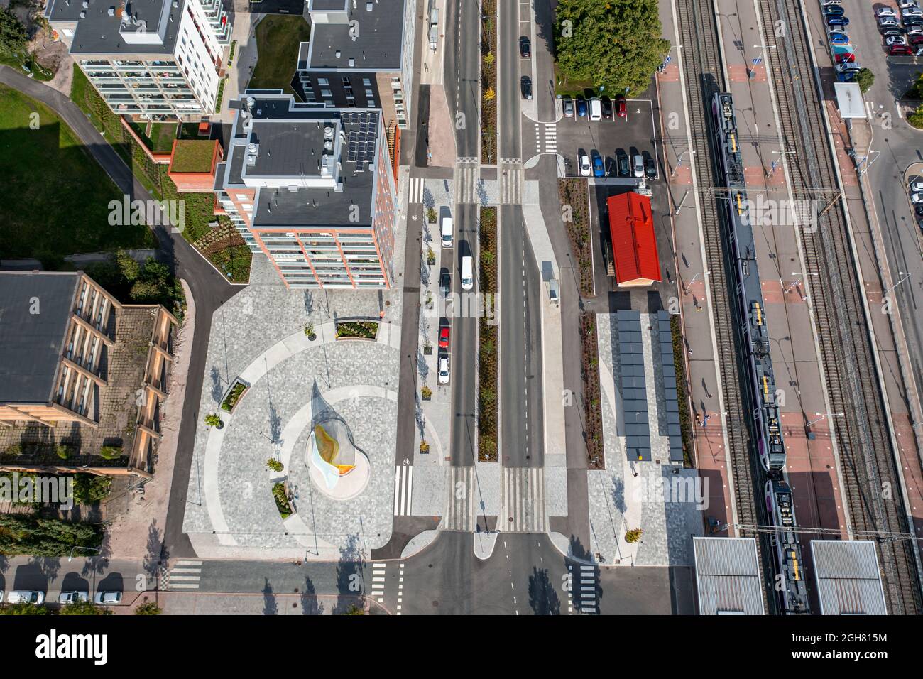 Aerial view of the brand new square and apartments buildings in Espoo