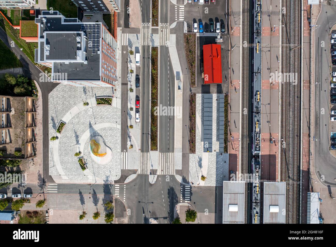 Aerial view of the brand new square and apartments buildings in Espoo
