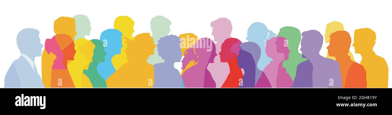 Colorful faces in profile, crowd, illustration Stock Vector