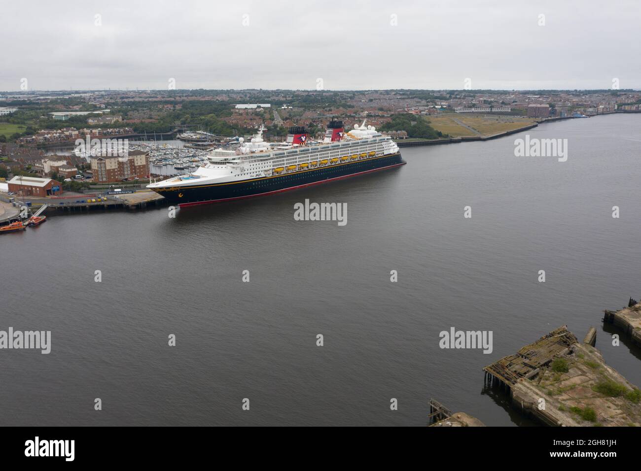 North Shields, England, 3 September 2021. An aerial view of the cruise ship Disney Magic docked