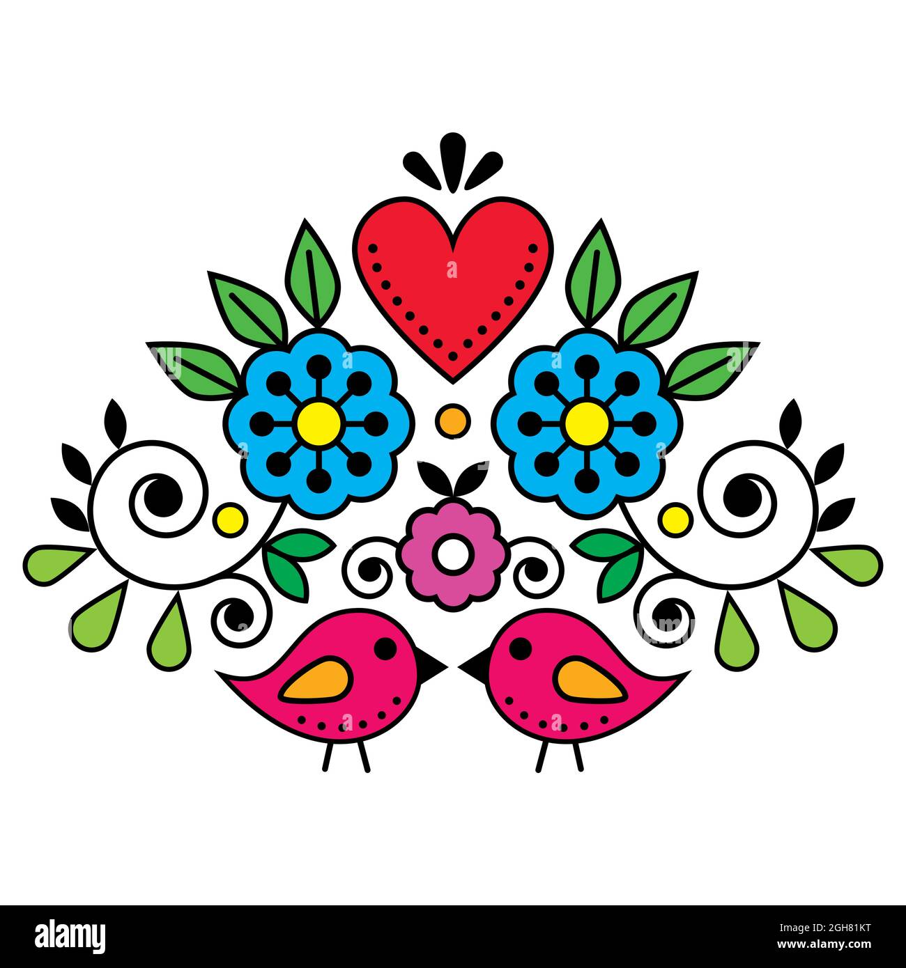 Swedish folk art vector cute pattern with birds, heart, and flowers inspired by the traditional Scandinavian art - Valentine's Day greeting card or we Stock Vector