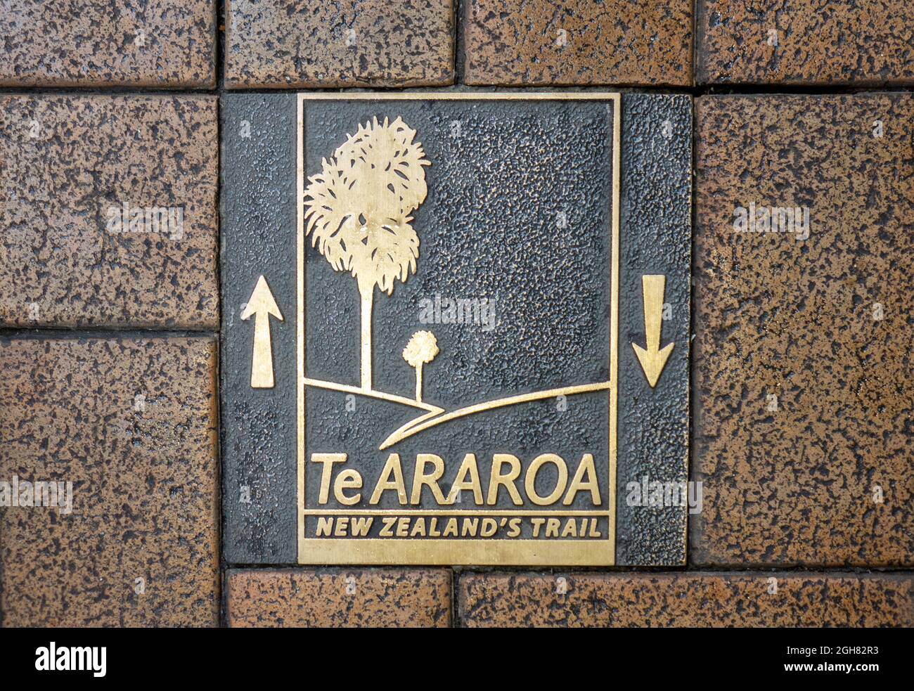 Te Araroa New Zealand Trail Marker Sign In The Pavement Sidewalk Stock Photo
