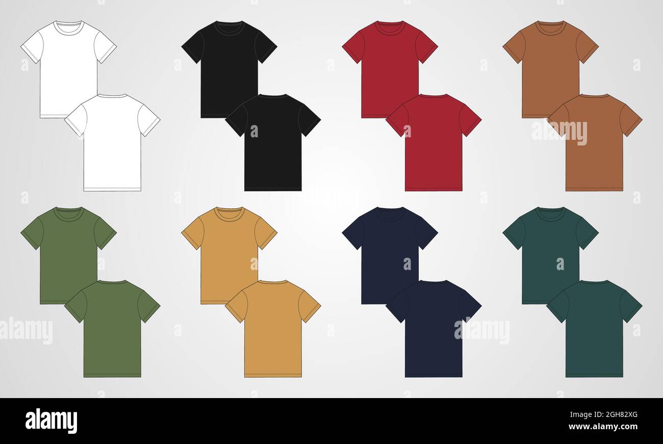 Multi color Basic T - shirt technical fashion flat Sketch drawing template.  Blank Short sleeve Apparel design vector illustration mock up Front, Back  Stock Vector Image & Art - Alamy