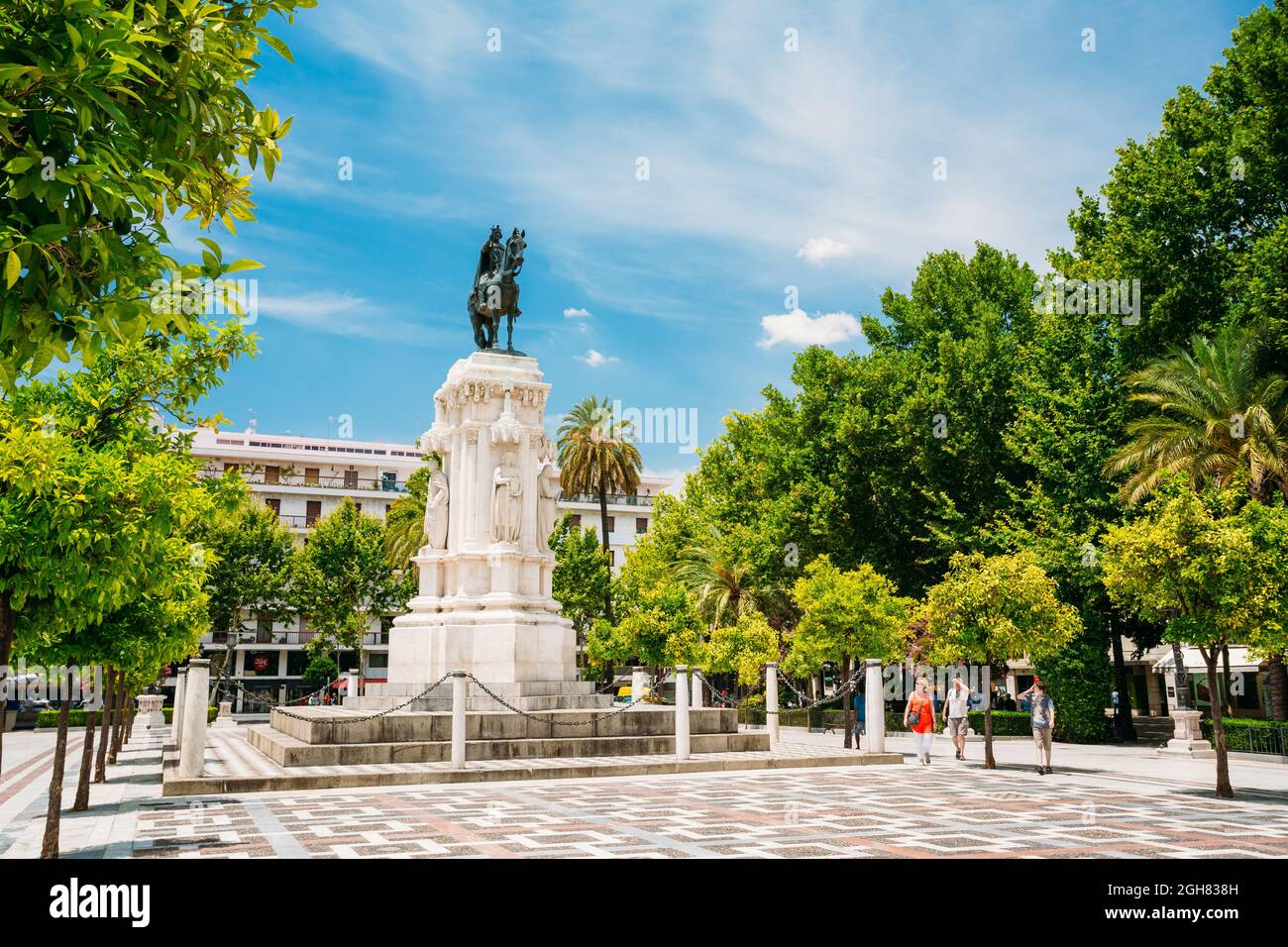 Monument to King Saint Ferdinand at New Square Plaza Nueva in Seville, Spain. Stock Photo