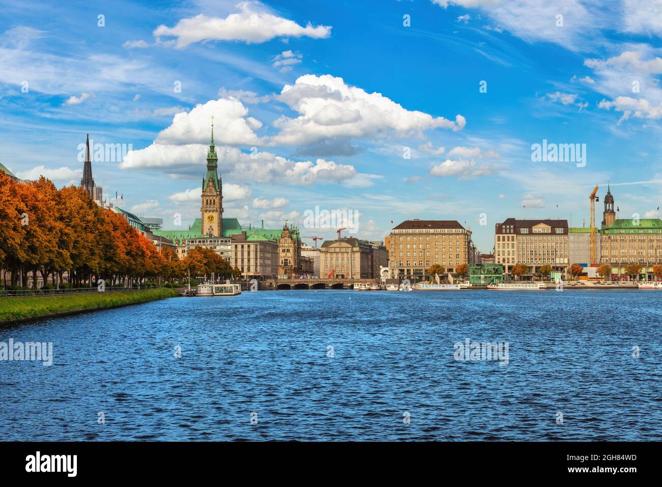 Hamburg Germany, city skyline at Alster with autumn foliage season