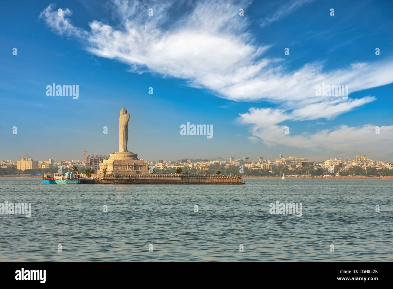 Hyderabad India, city skyline at Buddha statue in the Hussain Sagar Stock Photo