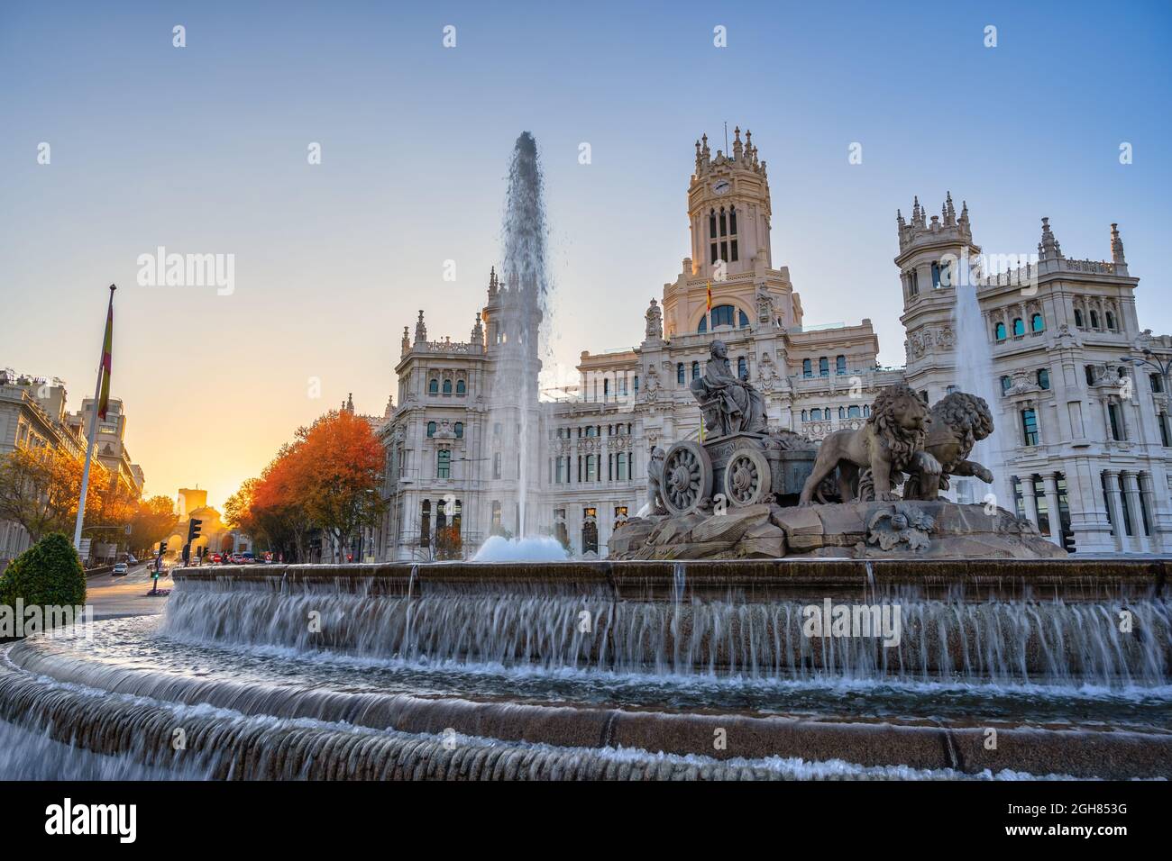 Madrid Spain, sunrise city skyline at Cibeles Fountain and Palace with autumn foliage season Stock Photo