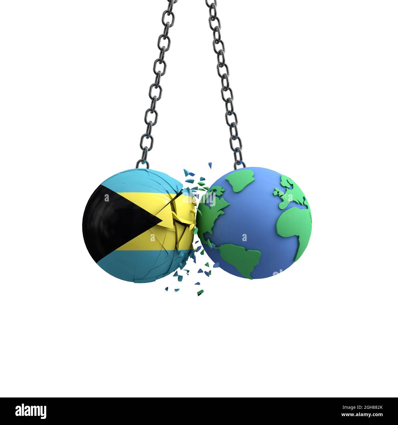 Bahamas flag ball hits planet earth. Environmental impact concept. 3D Render Stock Photo