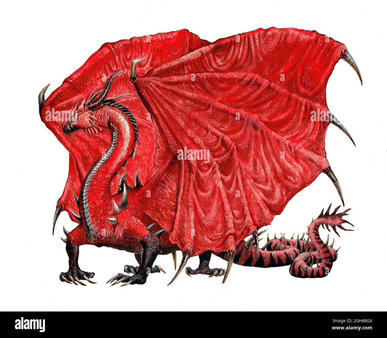 Gigantic red dragon - BIG RED. Fantasy illustration. Stock Photo