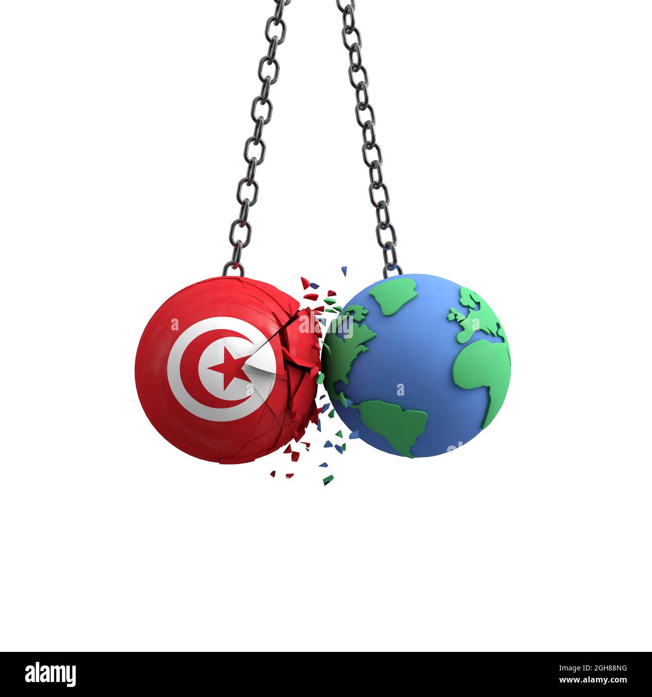 Tunisia flag ball hits planet earth. Environmental impact concept. 3D Render Stock Photo