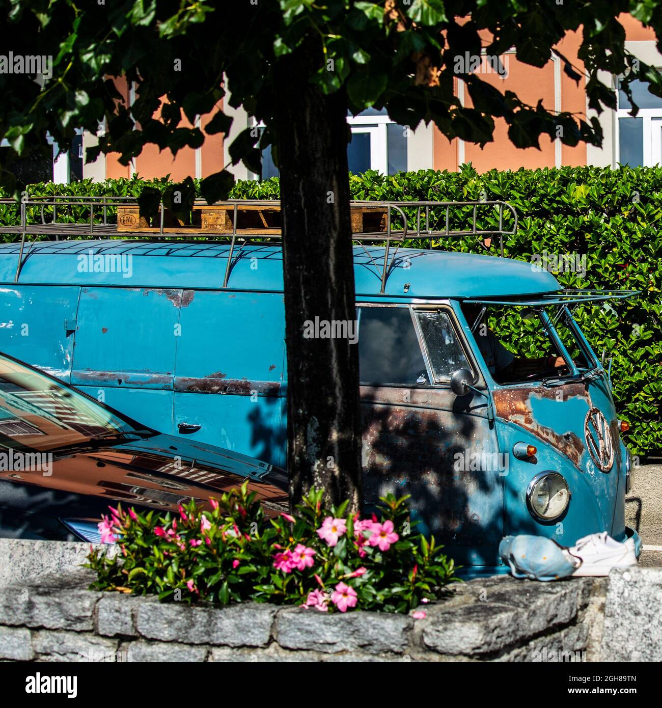 Ein historischer VW Bus T1 Bulli fährt mit aufgeklappter Frontscheibe durch Menaggio am Comer See in Italien. Stock Photo