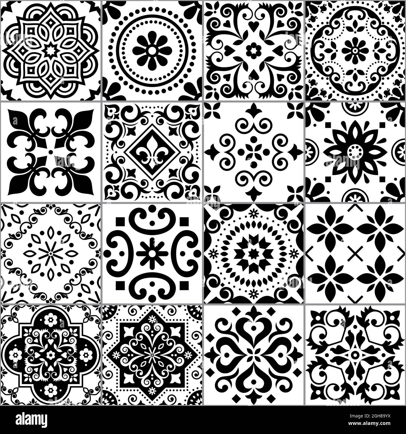Portuguese and Spanish azulejo tiles seamless vector pattern collection in black on white, traditional floral design big set inspired by tile art from Stock Vector
