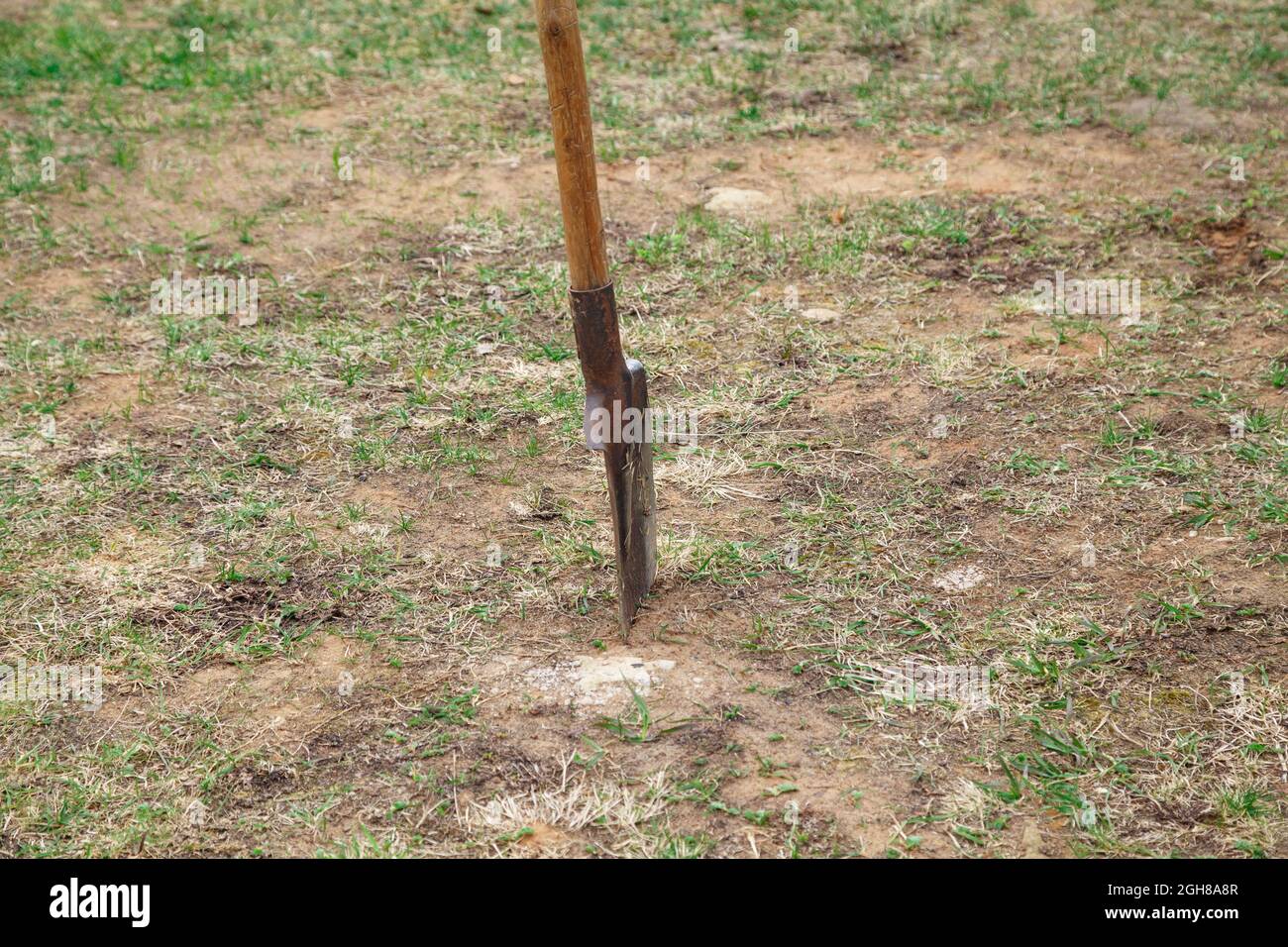 Image of an old dirty shovel in the ground Stock Photo