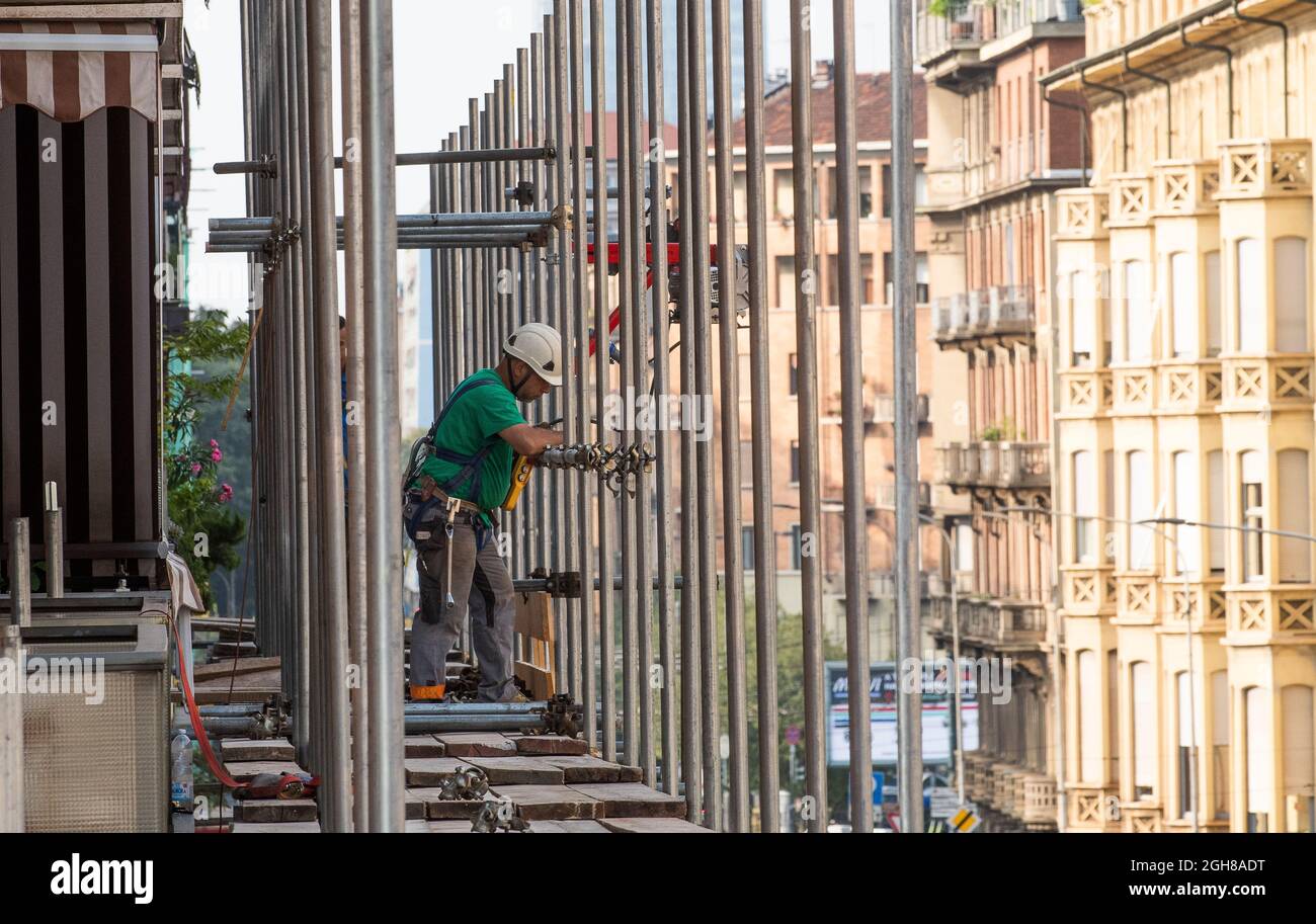 Italy Piedmont Turin building facade restoration construction work in