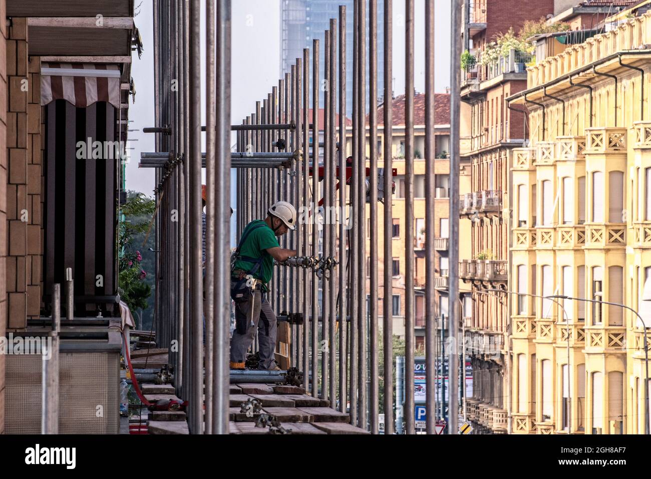 Italy Piedmont Turin building facade restoration construction work in Via Nizza Stock Photo