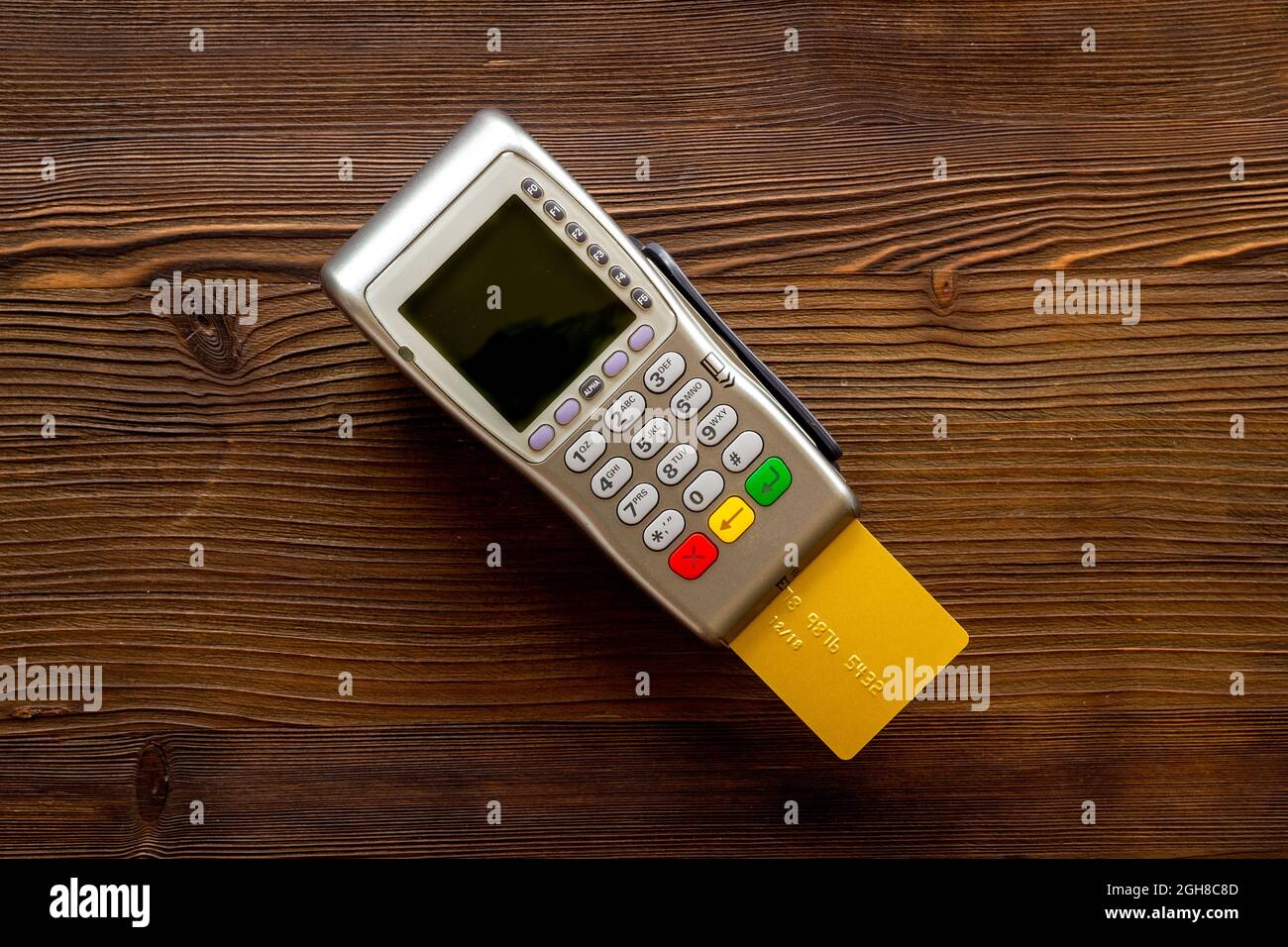 Payment transactions with pos credit card terminal, top view Stock ...