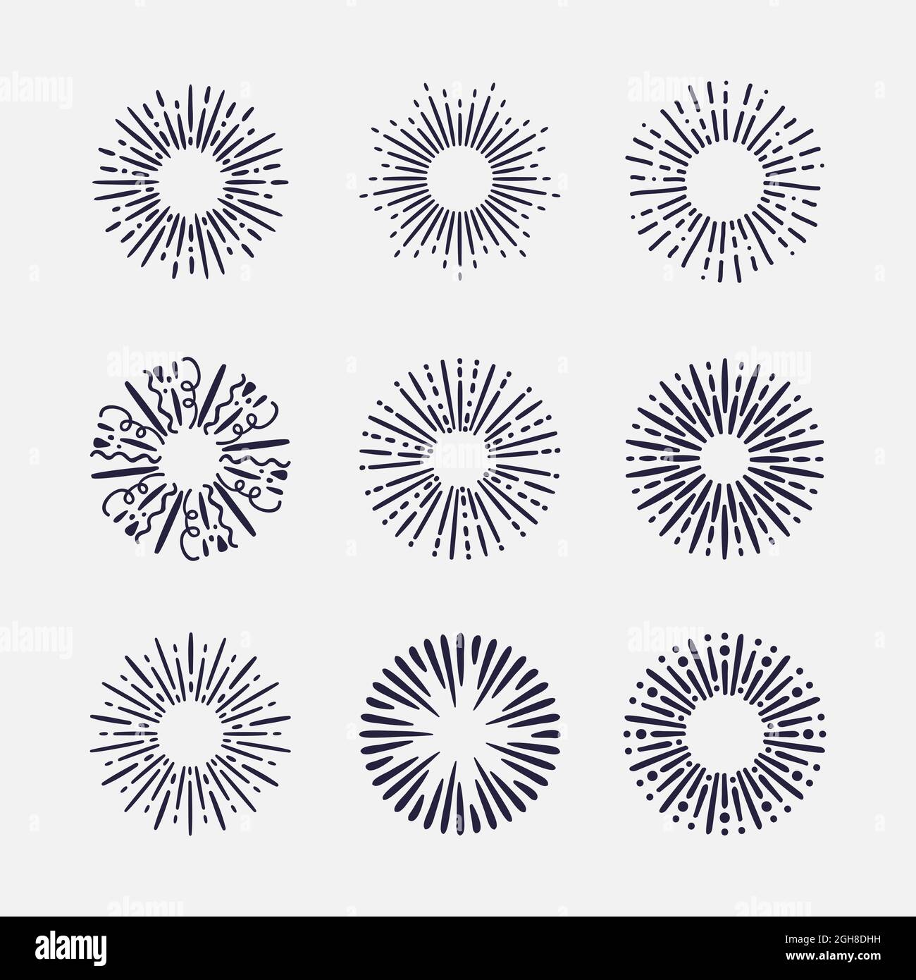 Hand drawn sunbursts set Vector illustration. Stock Vector