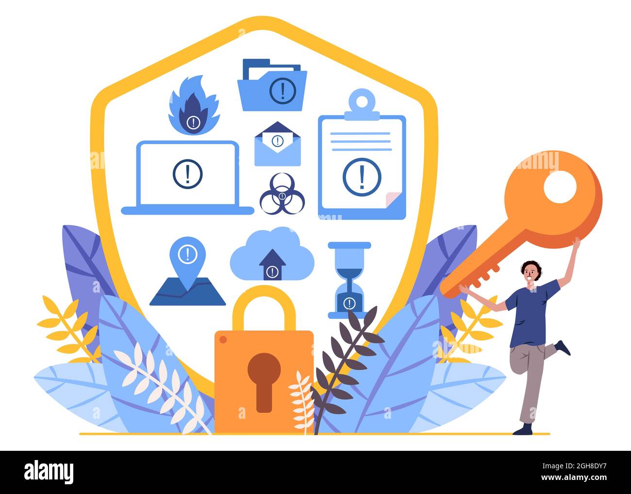 disaster recovery icons likes fire, documents, letter, location, padlock and the man holds the key lock security symbol Stock Vector