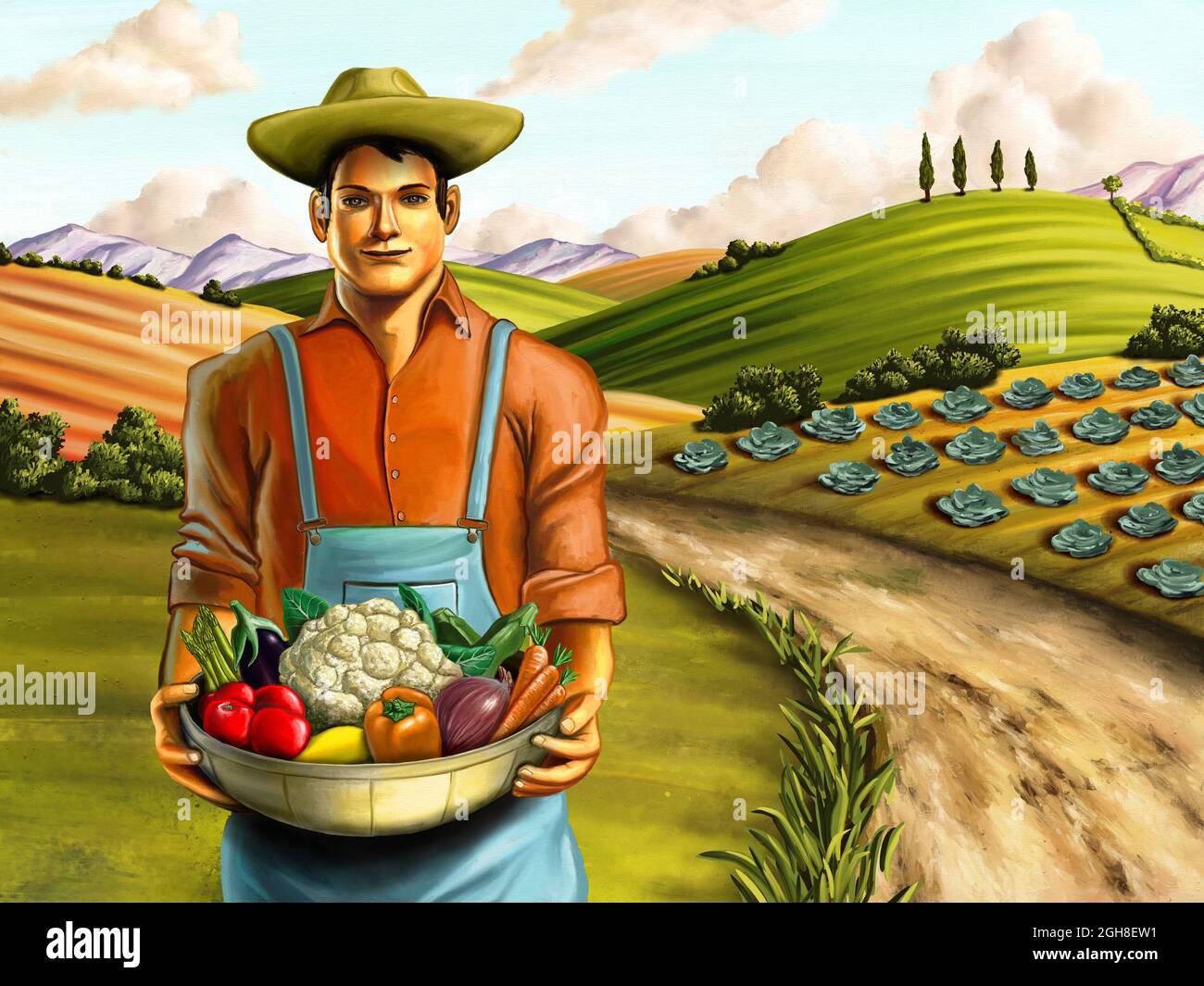 Farmer holding a basket full of fresh vegetables. Hand painted digital ...