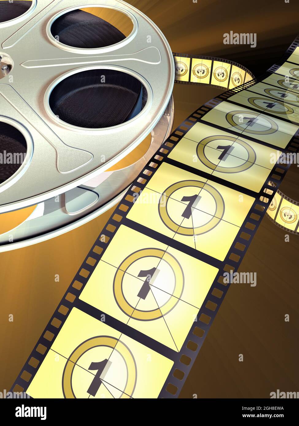 Movie film reel on dark background. Countdown shown on celluloid. Digital illustration. Stock Photo