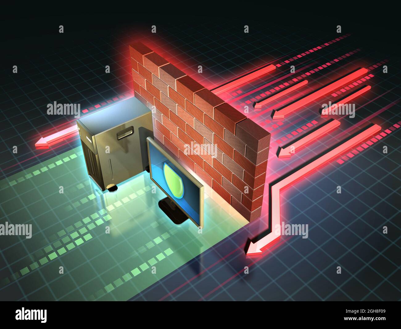 Firewall creates a safe zone for a workstation. 3D illustration. Stock Photo