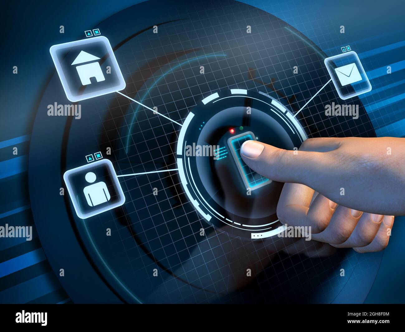 Fingerprint recognition used to access a software interface. Digital illustration. Stock Photo
