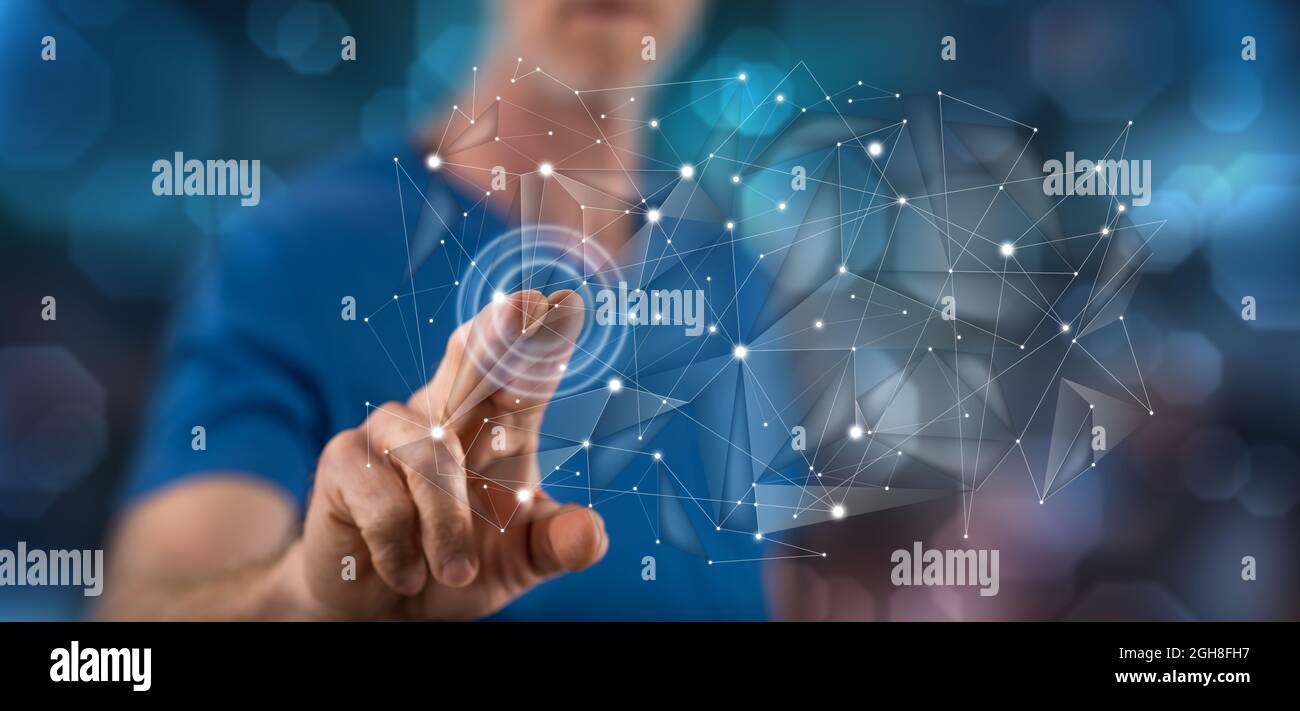 Man touching a virtual network on a touch screen with his finger Stock ...