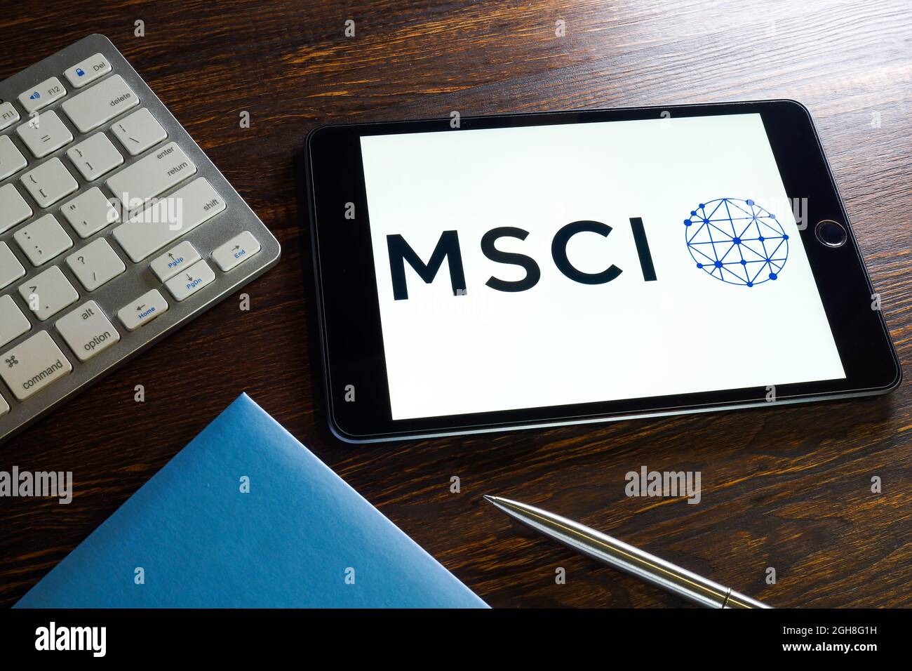 KYIV, UKRAINE - August 21, 2021. MSCI company logo on the screen and keyboard. Stock Photo