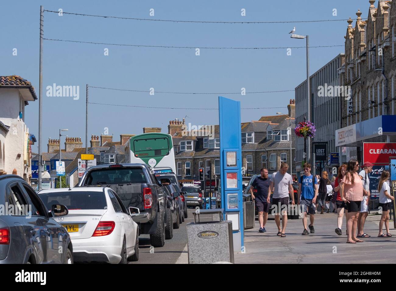 Traffic gridlock in Newquay Town centre in Cornwall. Stock Photo