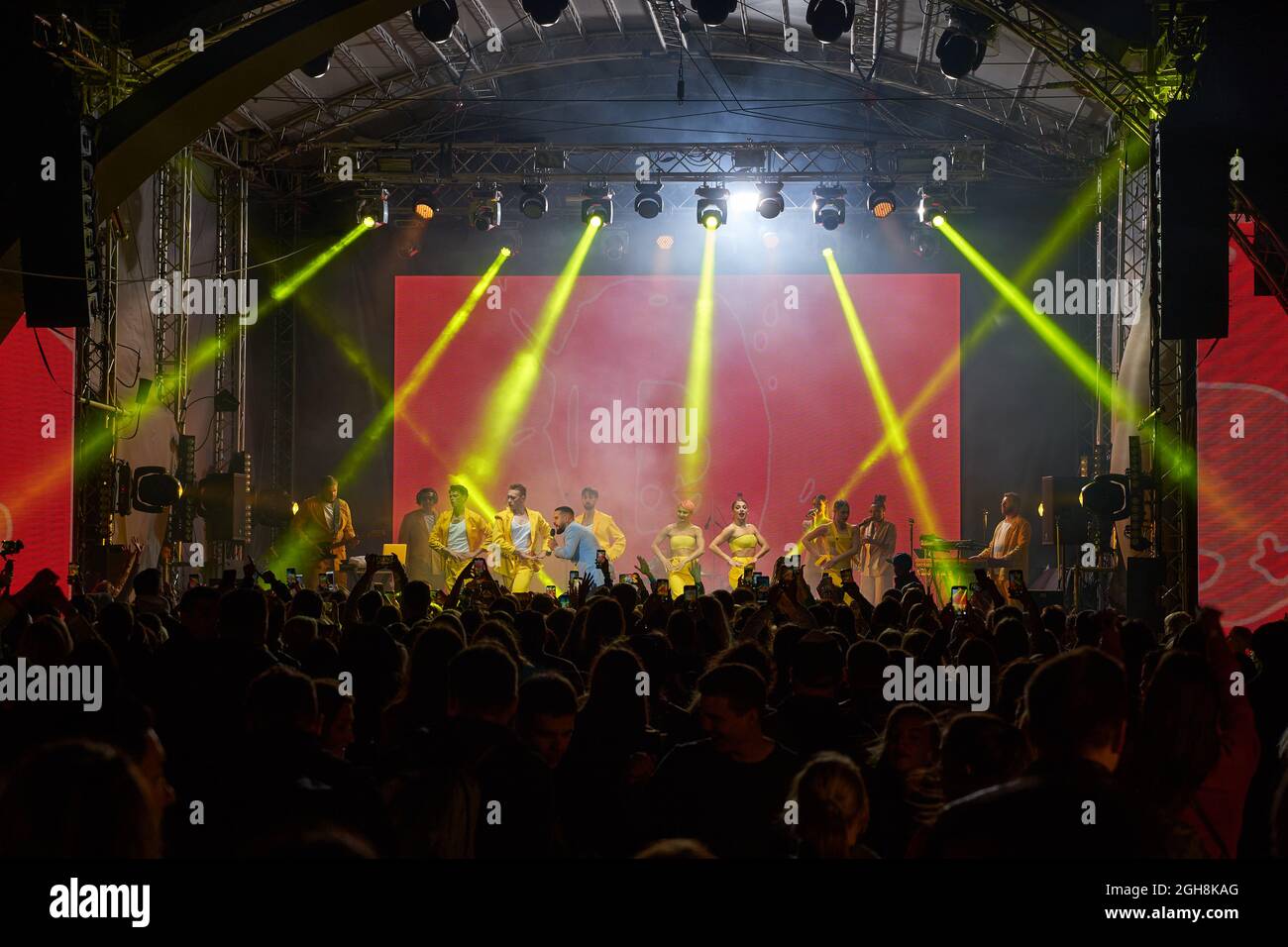 Kiev, Ukraine September 3, 2021: Rear view of crowd with arms