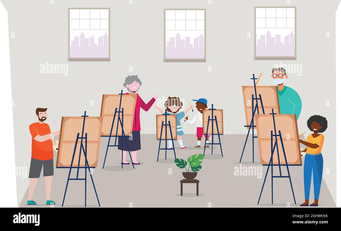 A Family of two generations bonding over a painting class Stock Vector