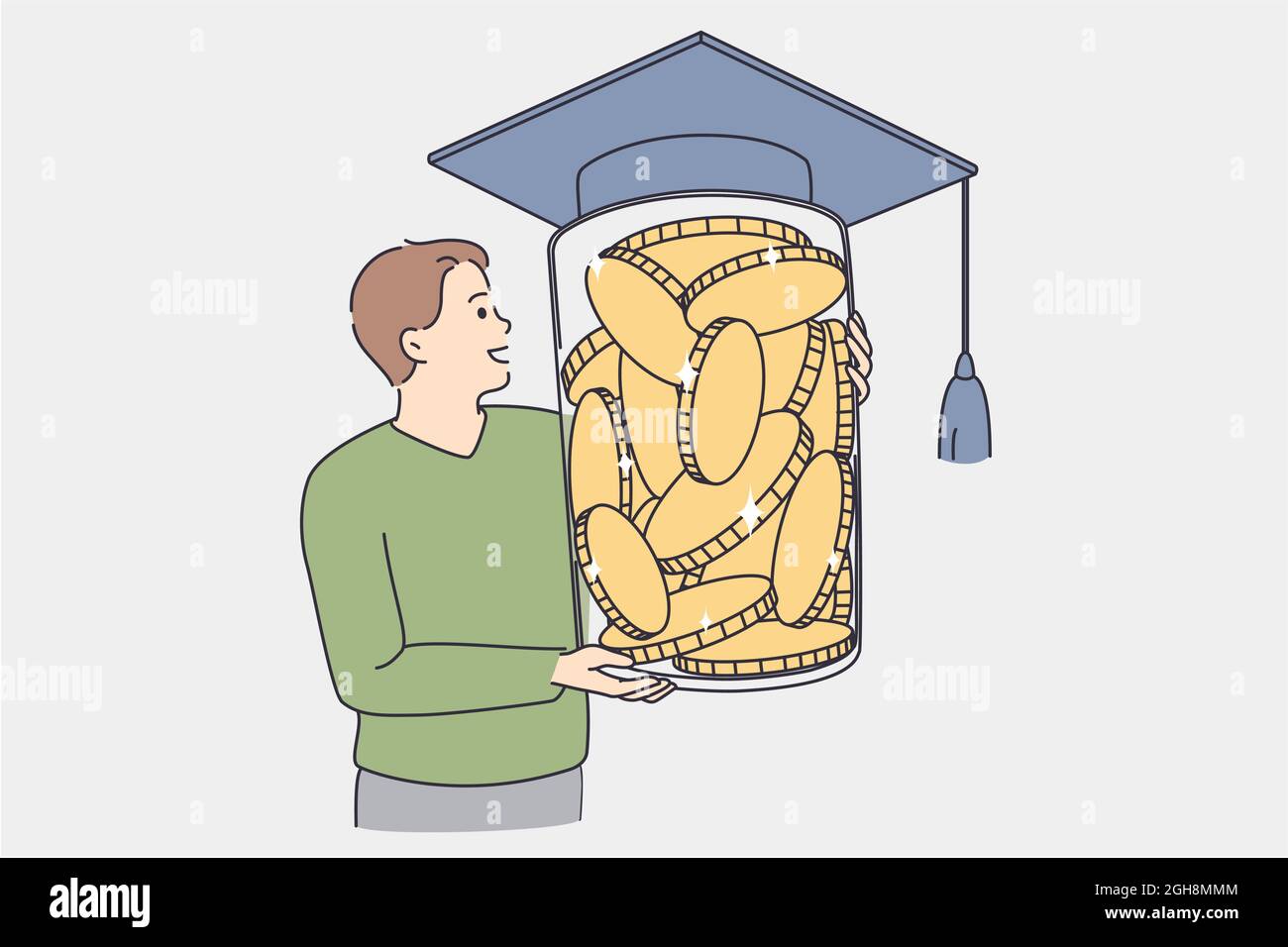 Investing money in education concept. Young boy standing holding huge jar full of golden coins covered with student degree bonet vector illustration  Stock Vector