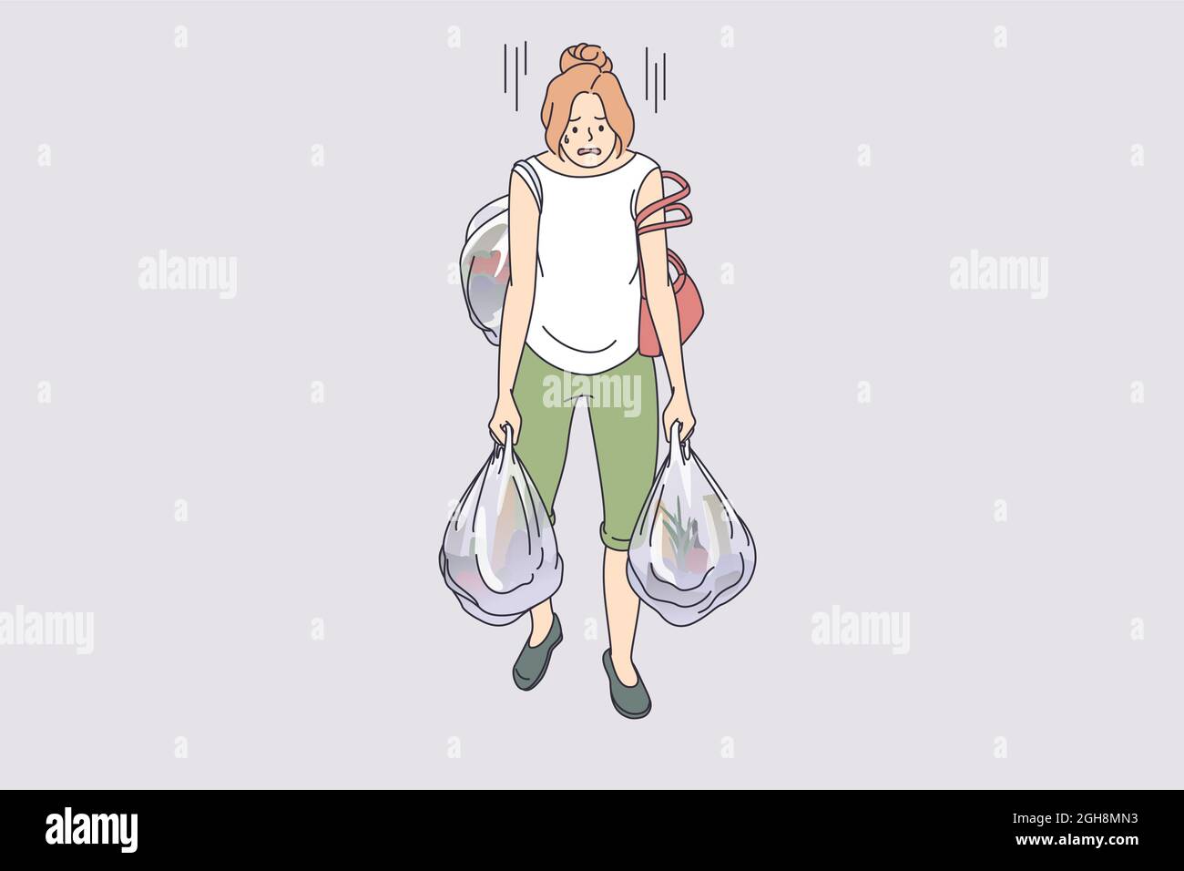 Carrying heavy bags tiredness concept. Young exhausted tired woman cartoon character going carrying many heavy shopping bags full of food from supermarket vector illustration  Stock Vector