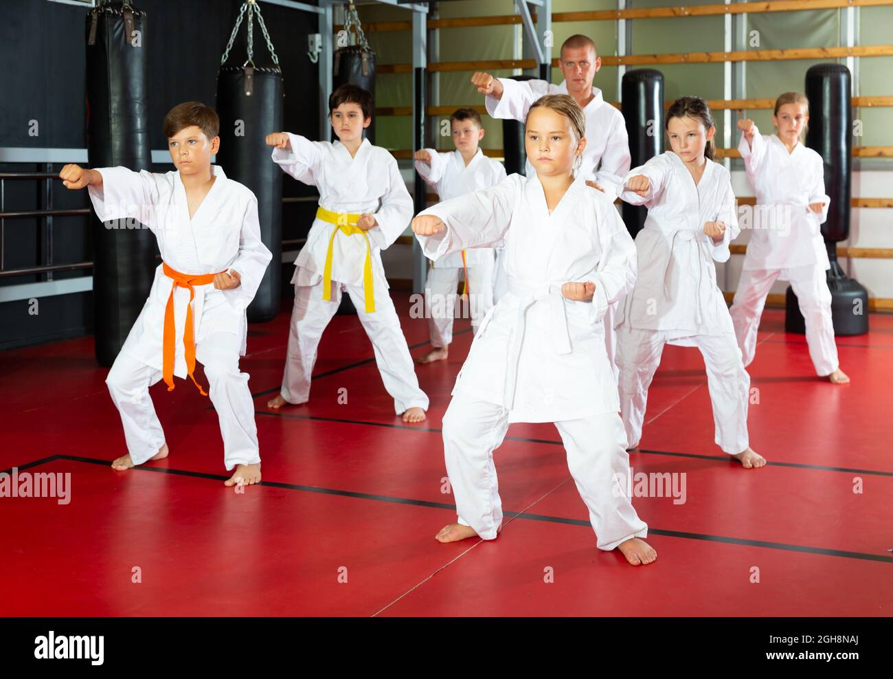 Karate kids in kimono performing kata moves with their teacher in gym  during group training Stock Photo - Alamy