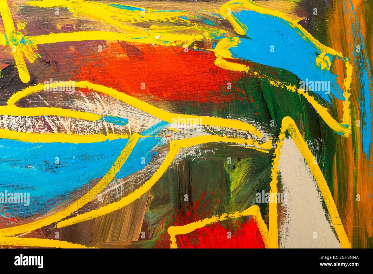 An abstract fragment of painting showing vibrant colors, brushstroke texture, and line flows. Stock Photo