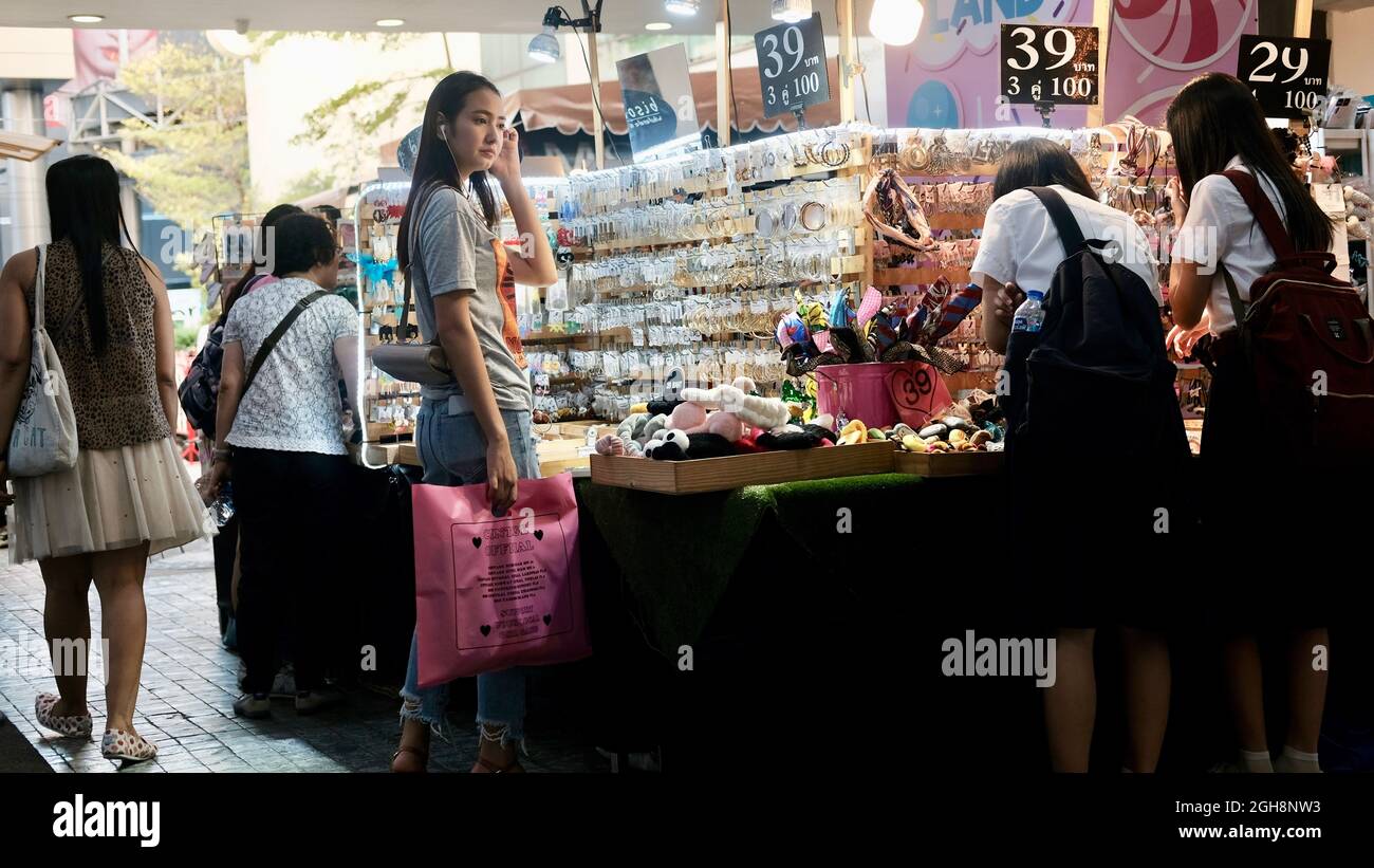 Student Girls at Fashion Accessory Shop  Siam Square Lively FunFill Place for Shopping and Gathering before the Pandemic Lockdown Bangkok Thailand Stock Photo