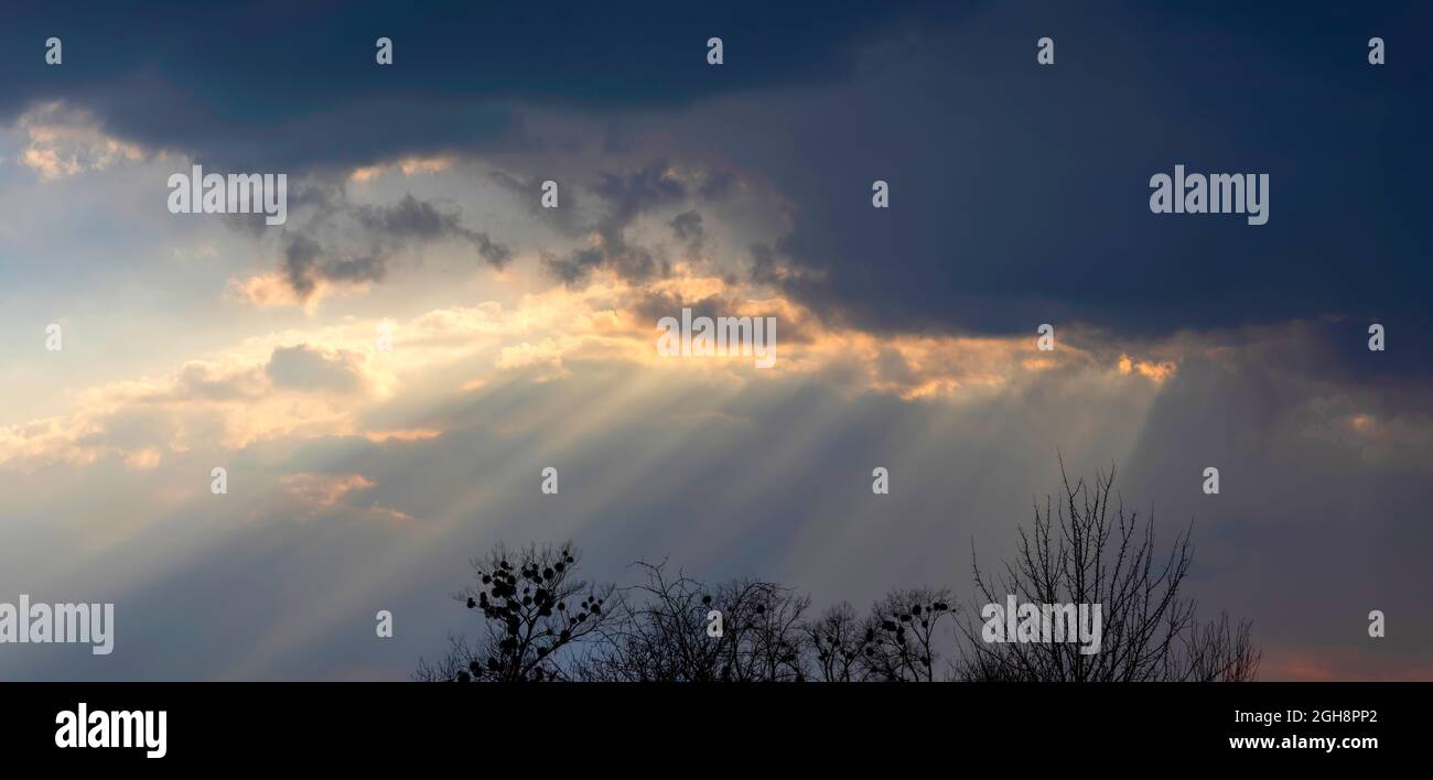 Dramatic sunset sky. Soft focus on cloud and Sunlight through the clouds at evening time. Stock Photo