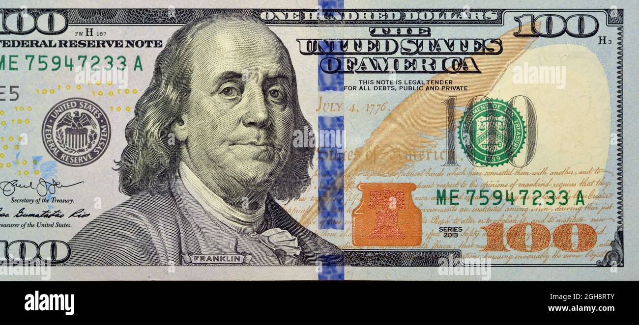 100 one hundred dollars bill banknote series 2013 with the portrait of president Benjamin Franklin, American money banknote, United States of America Stock Photo